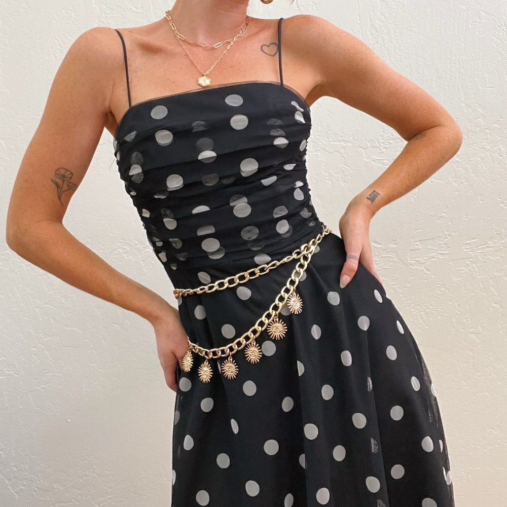 Vintage 90s/Y2K Eliza J Black Polka Dot Ruched Chiffon Fit Flare Midi Dress - Picture 7 of 12